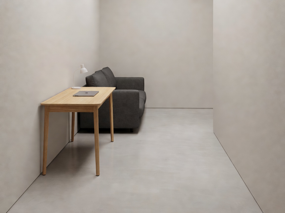 Soft-lit 3D render of a compact multipurpose room with distinct work and rest zones
