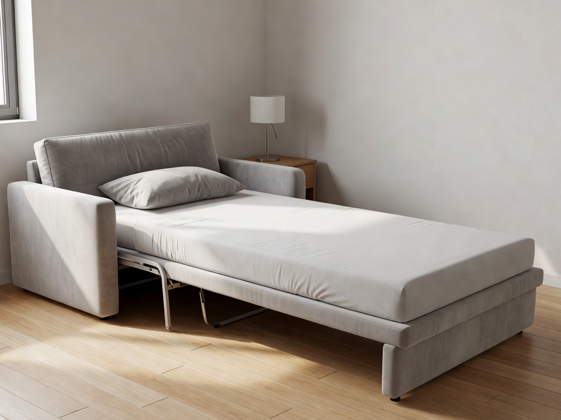 Soft-lit 3D render of compact sleeper seating opened into a bed with a clear approach beside it
