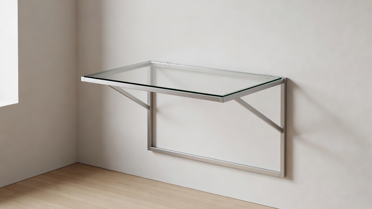 Soft-lit 3D render of a slim folding desk with a clear tabletop and compact wall profile